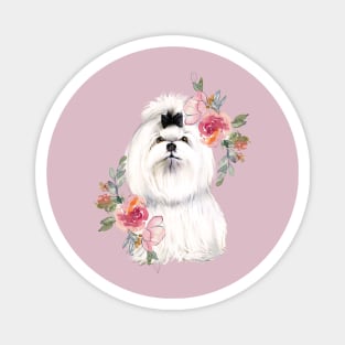 Cute White Shih Tzu with Flowers Watercolor Art Magnet